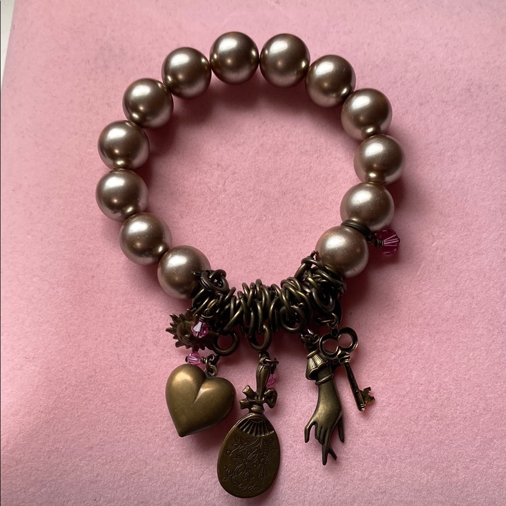 Charming Bronze and Pink Beaded Bracelet. Stretchy Band. EUC.